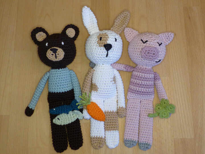 Häkelanleitung Schlenkertiere Schwein, Bär, Kaninchen, Kuscheltier