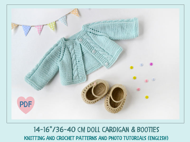 14-16"/36-40 cm Doll Cardigan & Booties. PDF knitting pattern and tutorial.
