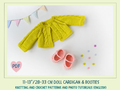 11-13’’/28-33 cm Doll Cardigan & Booties. PDF knitting pattern and tutorial
