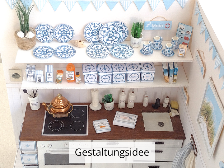 Miniatur Geschirr & Aufbewahrungsdosen mit Friesenmuster 1:12