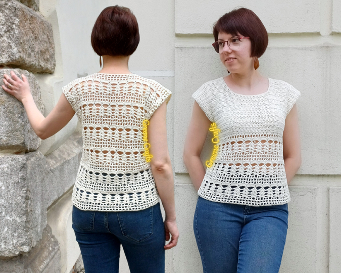 Häkelanleitung „Sommerbrise“ Top mit Spitzenmuster für Damen, Größen XS–3XL