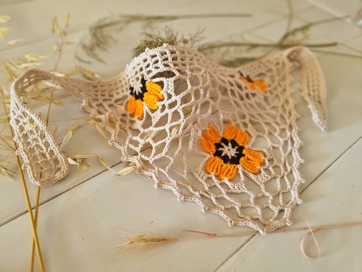 Boho Bandana-Kopftuch mit Blumenmotiv, freiem Netz- und Filetmuster (H8)