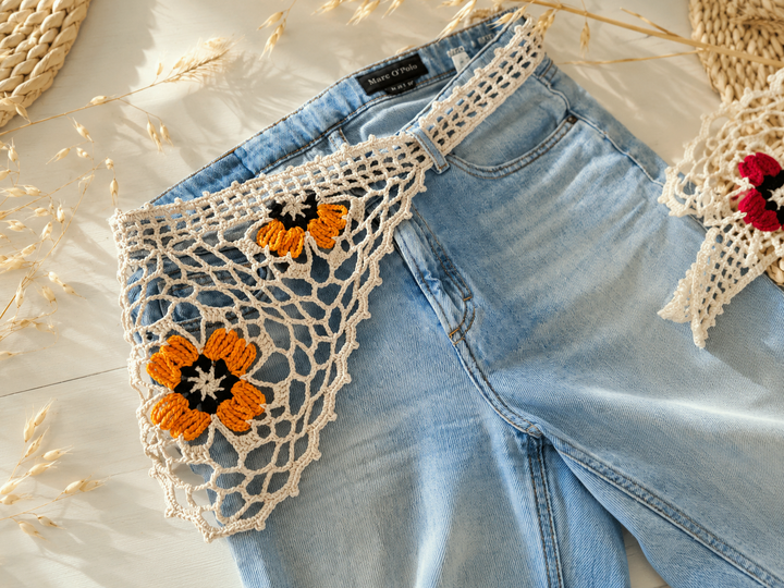 Boho Bandana with Floral Motif, Freeform Mesh and Filet Crochet Design (H8)