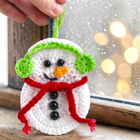 Christmas Crochet Snowman Pattern in Red Scarf and Headphones
