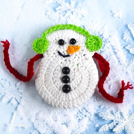 Christmas Crochet Snowman Pattern in Red Scarf and Headphones