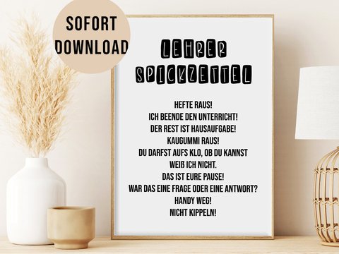 Poster Lehrer Spickzettel Geschenk für Lehrer Wandbild Download Digitale Da