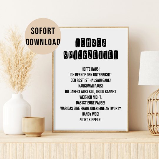 Poster Lehrer Spickzettel Geschenk für Lehrer Wandbild Download Digitale Da