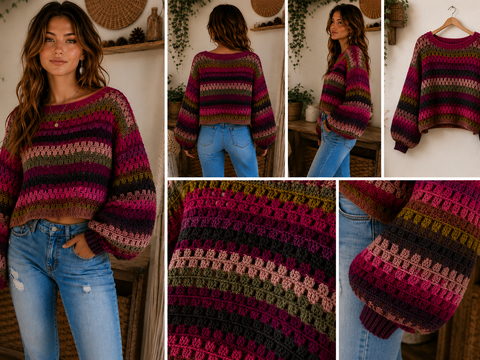 Boho Crochet Sweater PDF Pattern – Oversized Crop Pullover