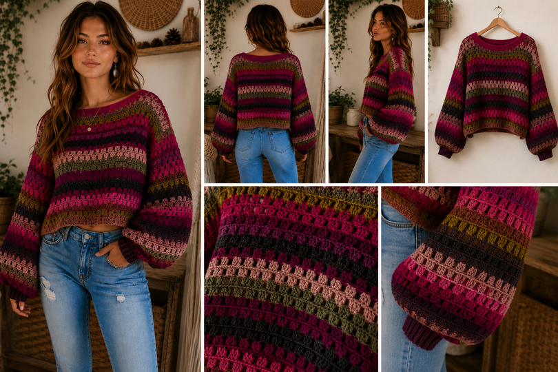 Boho Crochet Sweater PDF Pattern – Oversized Crop Pullover