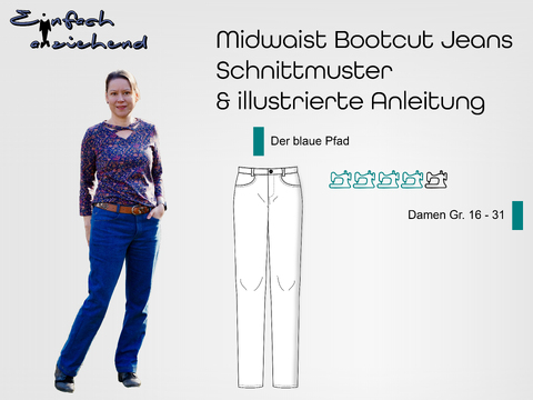 Schnittmuster Mid Waist Bootcut Jeans "Der blaue Pfad" Damen Gr. 16 - 31