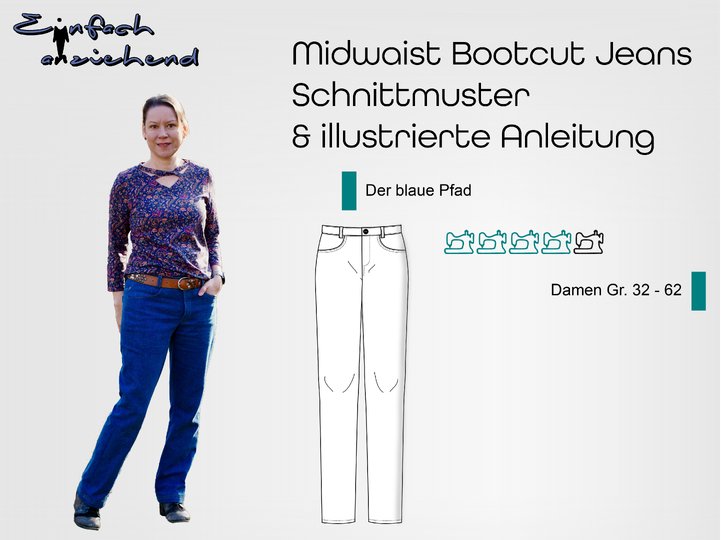 Schnittmuster Mid Waist Bootcut Jeans "Der blaue Pfad" Damen Gr. 32 - 62