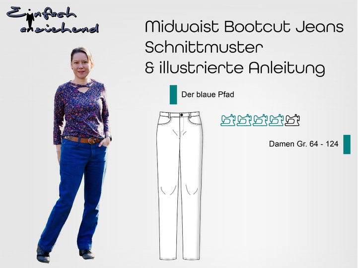 Schnittmuster Mid Waist Bootcut Jeans "Der blaue Pfad" Damen Gr. 64 - 124