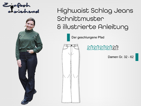 Schnittmuster High Waist Schlagjeans "Der geschlungene Pfad" Damen Gr.32-62