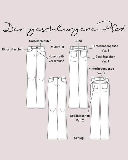 Schnittmuster Mid Waist Schlagjeans "Der geschlungene Pfad" Damen Gr.16-31