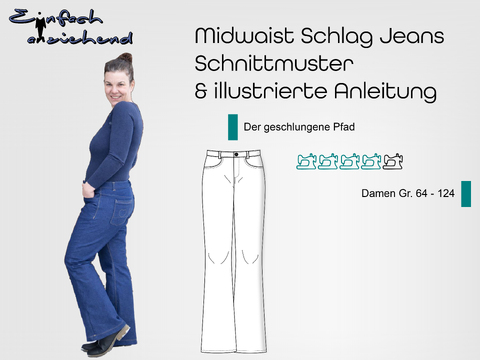 Schnittmuster Mid Waist Schlagjeans "Der geschlungene Pfad" Damen Gr.64-124