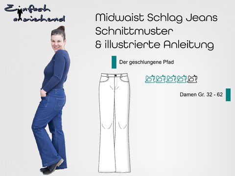 Schnittmuster Mid Waist Schlagjeans "Der geschlungene Pfad" Damen Gr.32-62