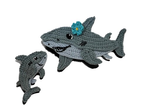 Shark Mom and Baby crochet applique