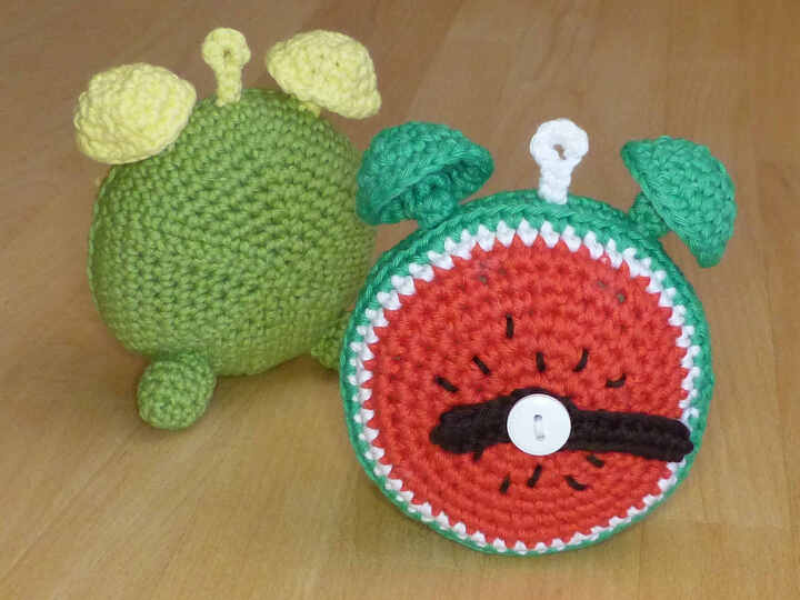 Häkelanleitung Wecker Melone & Papaya, mit beweglichen Zeigern