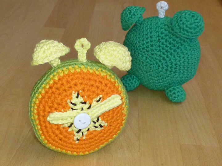Häkelanleitung Wecker Melone & Papaya, mit beweglichen Zeigern