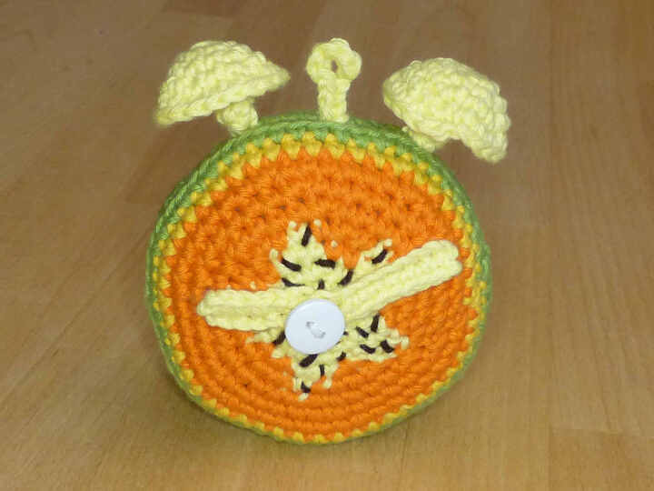 Häkelanleitung Wecker Melone & Papaya, mit beweglichen Zeigern