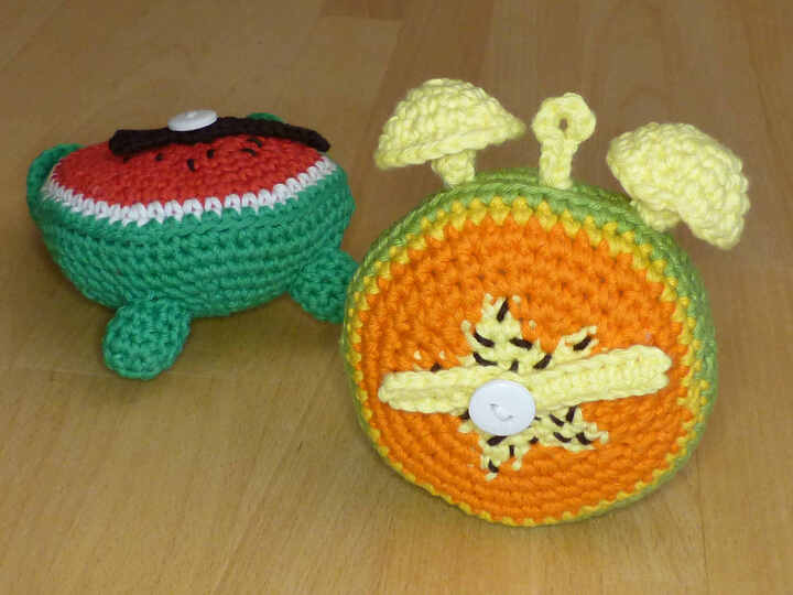 Häkelanleitung Wecker Melone & Papaya, mit beweglichen Zeigern