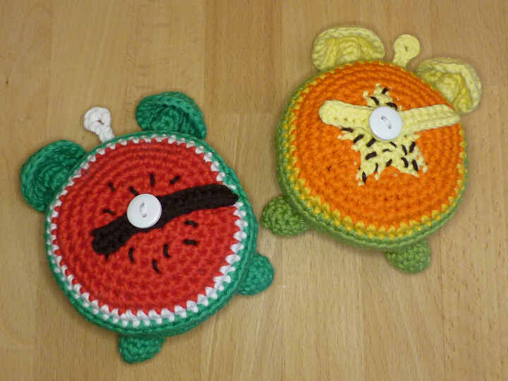 Häkelanleitung Wecker Melone & Papaya, mit beweglichen Zeigern
