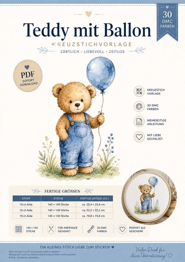 Kreuzstich Vorlage Teddy mit Ballon PDF