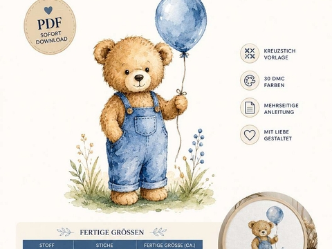 Kreuzstich Vorlage Teddy mit Ballon PDF