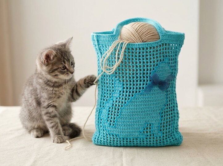 Crochet Pattern Filet Crochet Bag with Cat Motif – incl. 3 Motif Templates