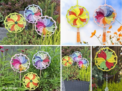 Häkelanleitung buntes Windrad, kleines Mandala, Blumenstecker