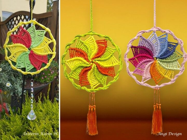 Häkelanleitung buntes Windrad, kleines Mandala, Blumenstecker