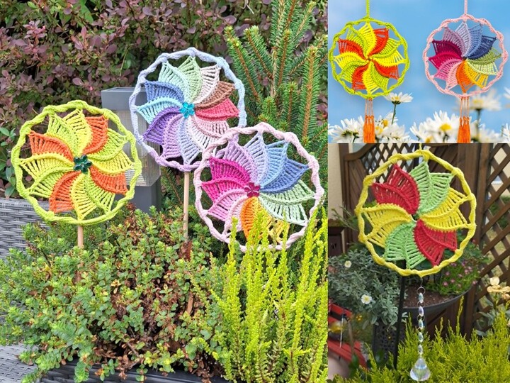 Häkelanleitung buntes Windrad, kleines Mandala, Blumenstecker
