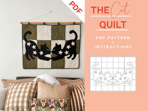 Cat Quilt Pattern with Patchwork Design for Baby Blanket or Wall Art