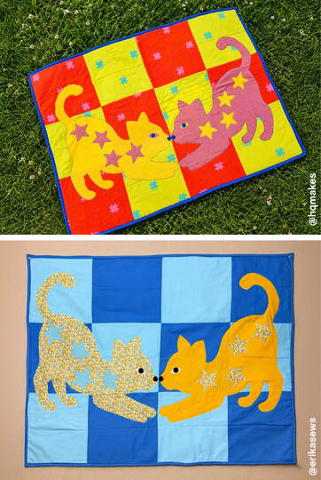 Cat Quilt Pattern with Patchwork Design for Baby Blanket or Wall Art