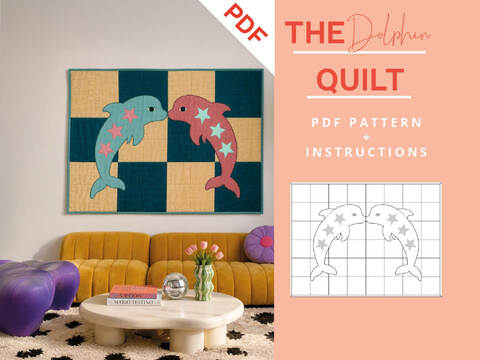 Dolphin Quilt Pattern with Patchwork Design for Baby Blanket or Wall Art