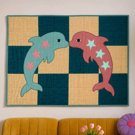 Dolphin Quilt Pattern with Patchwork Design for Baby Blanket or Wall Art