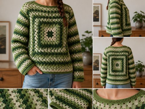 Granny Square Sweater Crochet Pattern "Woodland Thaw" PDF (English, US Term
