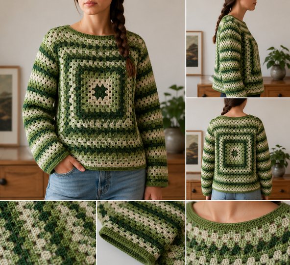 Granny Square Sweater Crochet Pattern "Woodland Thaw" PDF (English, US Term