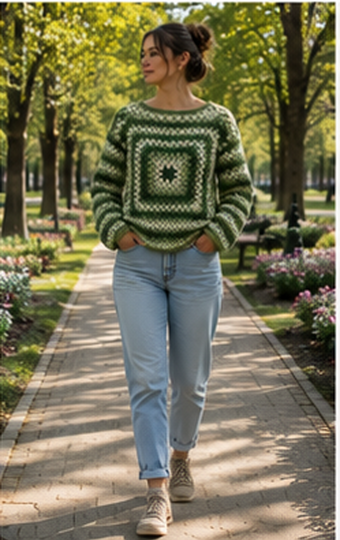 Granny Square Sweater Crochet Pattern "Woodland Thaw" PDF (English, US Term