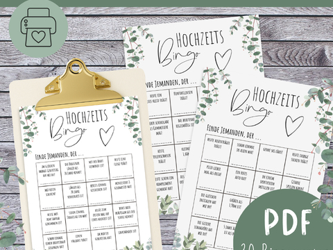 Hochzeitsbingo Spiel | 30 Bingo-Karten PDF zum Ausdrucken