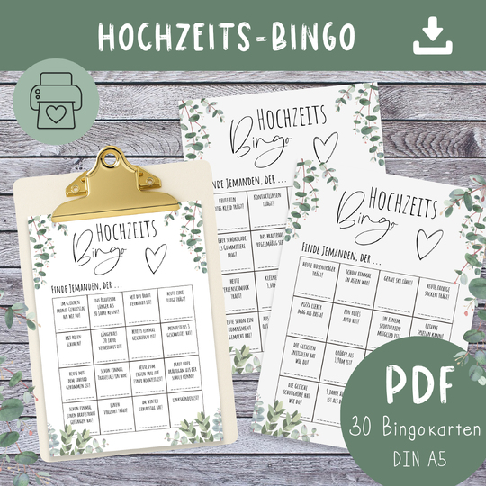 Hochzeitsbingo Spiel | 30 Bingo-Karten PDF zum Ausdrucken