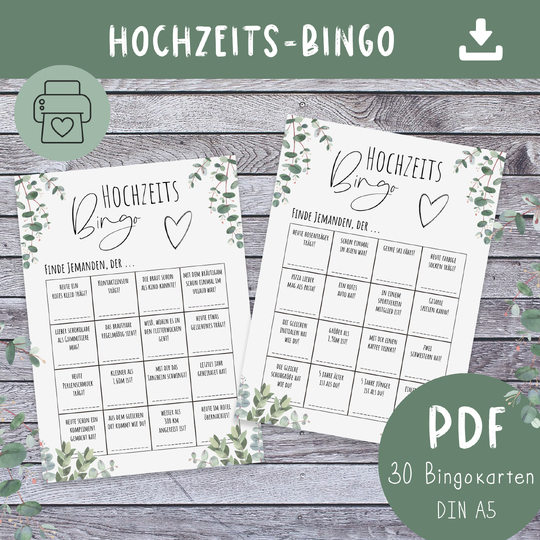 Hochzeitsbingo Spiel | 30 Bingo-Karten PDF zum Ausdrucken
