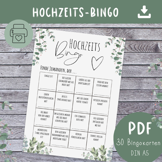 Hochzeitsbingo Spiel | 30 Bingo-Karten PDF zum Ausdrucken