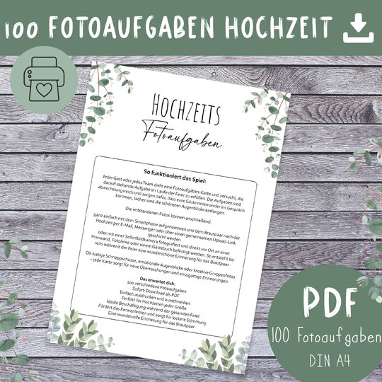100 Fotoaufgaben für die Hochzeit – Lustiges Hochzeitsspiel zum Ausdrucken