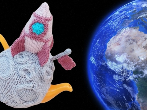 TeaCosyFolk's Cosmic Cuppa Woman on the Moon Tea Cosy and Knitting Pattern