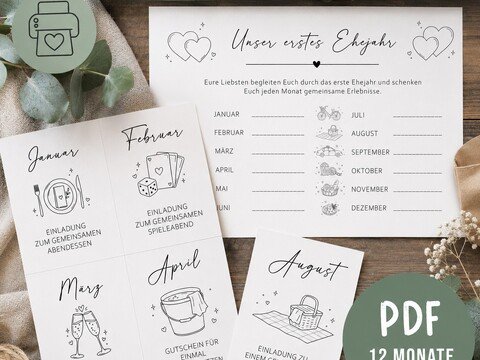 Hochzeitstombola PDF zum Ausdrucken | 12 Monatslose für das Brautpaar