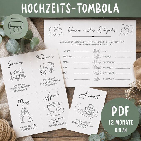 Hochzeitstombola PDF zum Ausdrucken | 12 Monatslose für das Brautpaar
