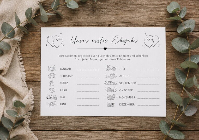 Hochzeitstombola PDF zum Ausdrucken | 12 Monatslose für das Brautpaar