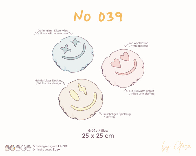 Smiley Pillow Sewing Pattern - 25 x 25 cm