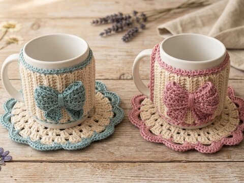 Häkelanleitung Tassenwärmer mit Schleife & Untersetzer -Set in Strickoptik